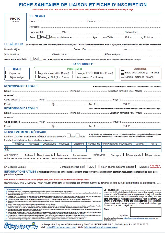 Fiche de liaison et inscription - Séjours - Temps des Copains - LTC