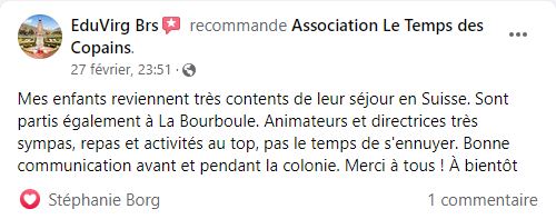 Avis Facebook - Colonies Séjours de vacances - Temps Des Copains