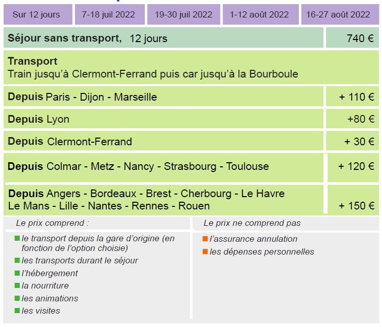 Dates et Tarifs - Séjours Eté - La Bourboule- Auvergne - Le Temps des Copains - LTC