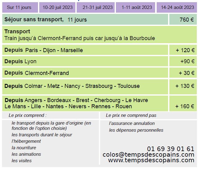 Dates et Tarifs - Séjours Eté - La Bourboule- Auvergne - Le Temps des Copains - LTC