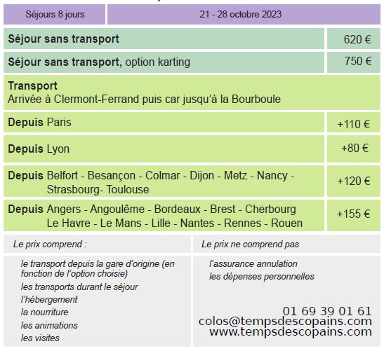 Dates et Tarifs - Séjours Automne - Auvergne - La Bourboule - Le Temps Des Copains - LTC