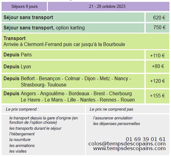 DatesEtPrixLaBourbouleEteAutomne2023 Dates et Tarifs - Séjours Automne - Auvergne - La Bourboule - Le Temps Des Copains - LTC