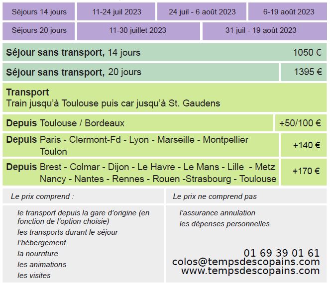 DatesEtTarifsEteStGaudens2023 Dates et Tarifs - Séjours Eté - Aubenas - Ardèche - Le Temps Des Copains - LTC
