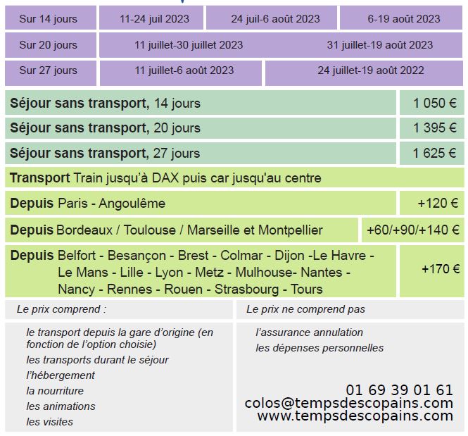 Dates et Tarifs - Le Centre - Séjours Eté - Dax- Les Landes - Le Temps Des Copains - LTC
