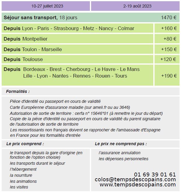 TarifsEteEspagne2023 Dates et Prix - Séjours Eté - Cabrera Del Mar - Espagne - Le Temps Des Copains - LTC