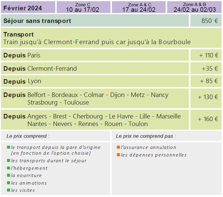 Tarifs - Sejours Hiver - Auvergne - La Bourboule - Le Temps Des Copains LTC