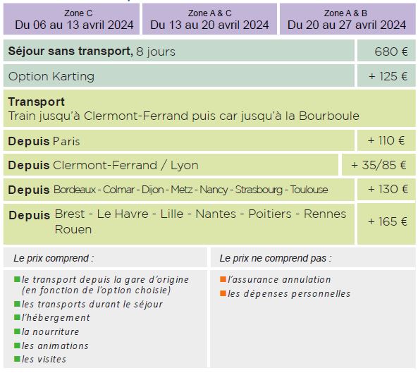 Dates et Tarifs - Séjours Printemps - Auvergne - La Bourboule - Le Temps Des Copains LTC