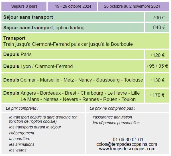 Dates et Tarifs - Séjours Automne - Auvergne - La Bourboule - Le Temps Des Copains - LTC